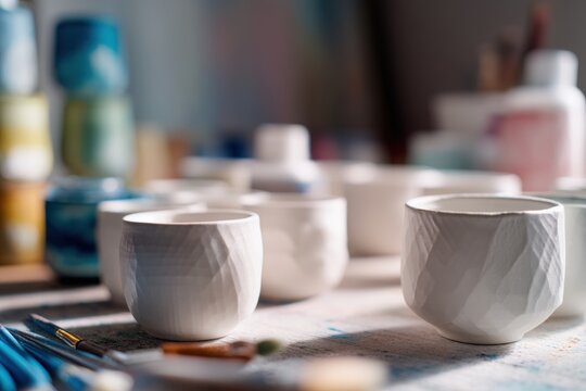 White ceramic cups handmade on messy pottery workshop desk. Process of creating glazed clay tableware in artisan studio. Craftsmanship, creativity, hobbies and handmade design concept.