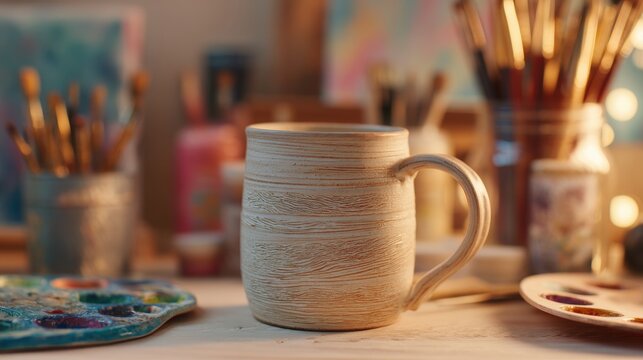 Textured ceramic mug standing on artist table with paints and brushes. Handmade craft object in pottery workshop. Creative hobby home studio setting for painting and design workspace.