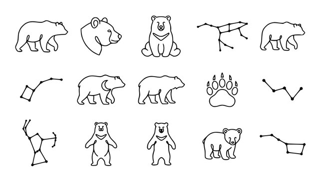 Bear Constellations and Zodiac Signs Collection: Outline Art
