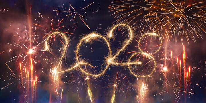 happy new year, new year's eve, silvester, new years eve, sparklers celebration greeting card, new year card - Year 2028 in sparkler font and firework fireworks pyrotechnic, blue night sky background