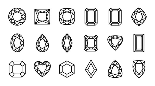 Gemstone and Diamond Shapes Black and White Vector Icon Set Featuring Faceted Jewel Cuts Outline and Silhouette Designs