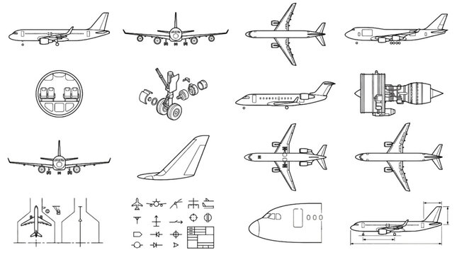 Commercial Aircraft Orthographic Blueprint Black and White CAD Vector Set Featuring Side Front Top Views and Technical Aviation Drawings