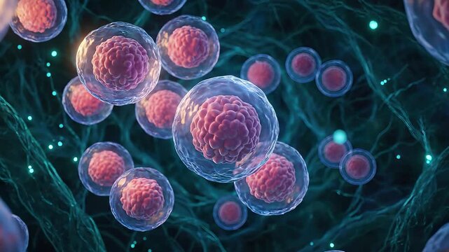 Pluripotent cell, undifferentiated biological unit performing cellular differentiation, showing regenerative medicine potential, observed under microscopic view.