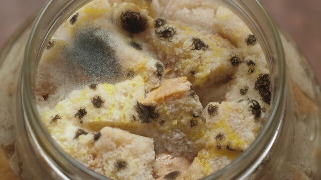 A close-up shot of moldy rusks and pieces of bread in a glass jar. Fluffy pockets of gray mycelium and numerous black spores are clearly visible on the surface of the spoiled food.