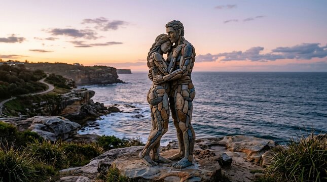 Couple sculpture embracing on rocky coastline at sunset