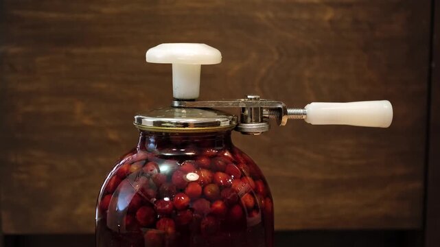 A Can Seamer. Canning cherry compote using a manual seaming machine to seal a large glass jar with metal lid. Home food preservation, traditional kitchen, winter storage preparations. 4K footage.