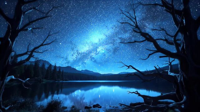 Majestic starry sky over calm lake framed by silhouetted trees