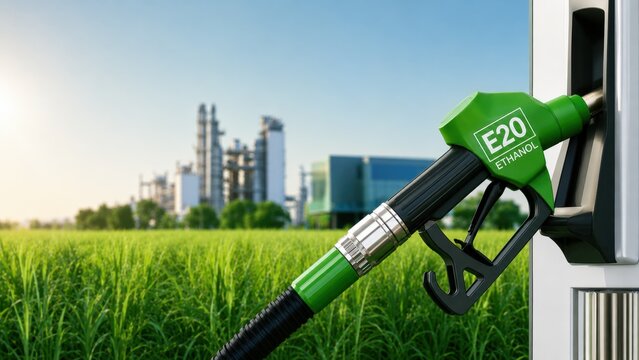 E20 Ethanol Fuel Nozzle at Biofuel Pump with Green Energy Crop Field and Industrial Biorefinery Background