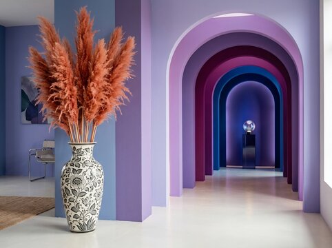 Modern interior with colorful arches and decorative floral vase