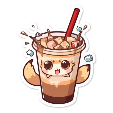 Cute cartoon cat character inside an iced boba milk tea cup illustration, kawaii drink stiker