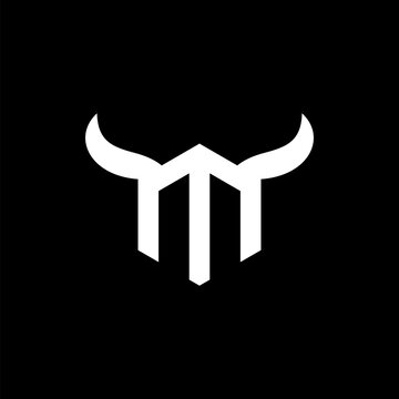 White bull horns logo on black background.