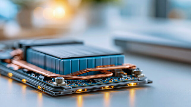 Bright product style shot of a lithium battery pack module with a battery management system for electric cars and storage power stations blue cell block copper busbars clean