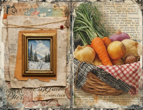 Vintage collage with miniature winter painting and woven basket overflowing with fresh carrots onions and greens