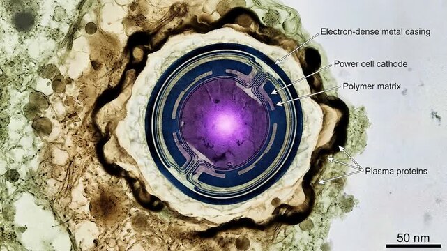 Nanodevice activating inside biological plasma protein, demonstrating advanced nanomedicine research, visualizing innovative nanotechnology for targeted medical treatment.