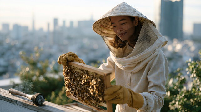 Vietnamese urban beekeeper in mesh veil and gauntlets inspects honeycomb frame atop residential apartment rooftop, city skyline receding behind, October harvest season, smoke tool