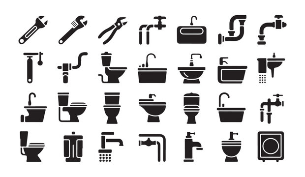 Plumbing tools and bathroom fixtures icons set including toilets sinks and faucets.