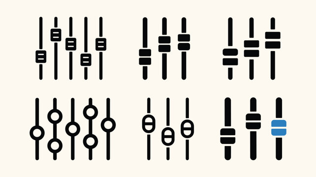 Audio mixer fader vector icon collection, sound control console sliders set, various designs.