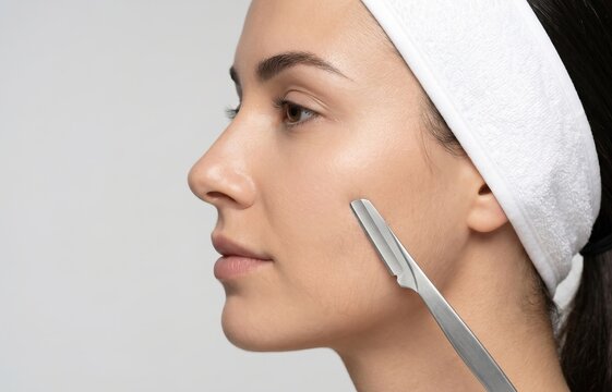 Side profile of a woman undergoing dermaplaning facial hair shaving treatment with a surgical blade