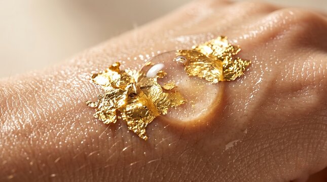 Close up macro of a clear aesthetic liquid gel drop with luxurious 24k gold foil flakes on skin