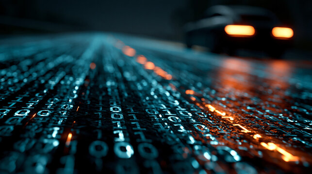 Vehicle driving on digital highway road surface with binary code data, technology