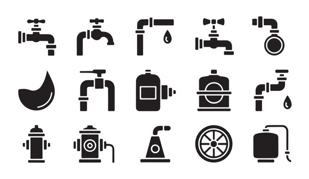 Black silhouette icons of faucets pipes and fire hydrants for various plumbing purposes.