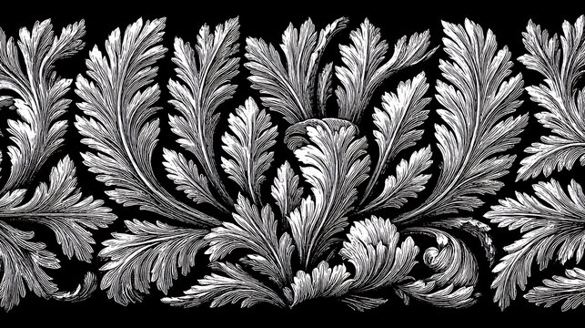 Black and white seamless floral pattern with small flowers and swirling vines