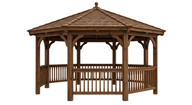 Elegant wooden gazebo with a shingled roof and intricate post details