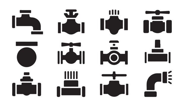 Plumbing gate valves and industrial pipe fittings black silhouette icons for water control.