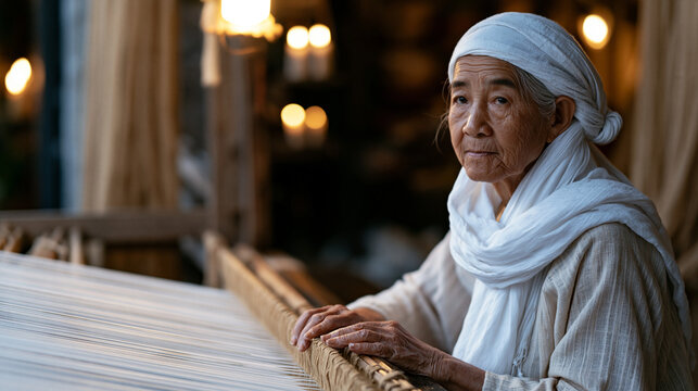 Vietnamese elderly silk weaver monitoring floating weft threads on a shuttle loom in a narrow Hội An workshop, candlelit atmosphere, Southeast Asia heritage textile, handloom