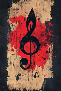 A grunge music poster featuring a large, bold treble clef symbol in the center, a distressed and textured background with rough brushstrokes, faded vintage paper effects, ink splatters, and film scrat