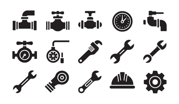 Plumbing and pipe fitting tools vector icons set on white background.
