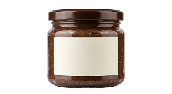 Glass jar filled with creamy chocolate spread and a blank label for branding
