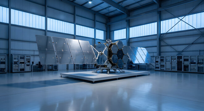 Large communications satellite in high-tech aerospace assembly facility