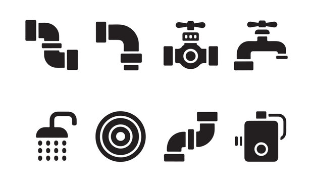 Plumbing and bathroom silhouette icons including shower head pipes faucet and water heater.