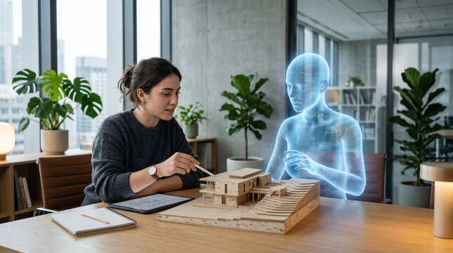 Architect reviewing 3D holographic model of building with AI assistant in office