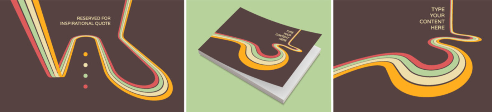 Softcover book layout. Cover design template. A retro 1970s-style background. Colorful lines. Dynamic curved ribbons. Copy space. Vector illustration for brochure, cover, notebook or notepad.