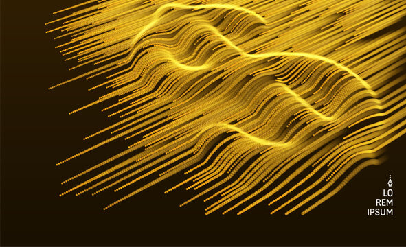An embossed dollar image. Bright gold lines shimmer with dynamic movement and energy. Business design. Cover design template. 3D illustration for presentations or web design.