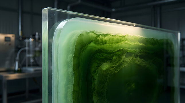 Green algae culture inside transparent panel in research laboratory
