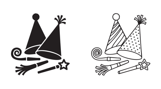 party hats and noise makers black silhouette with line art vector icon