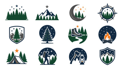 Adventure and camping badge icons with hiking themes. © ARI