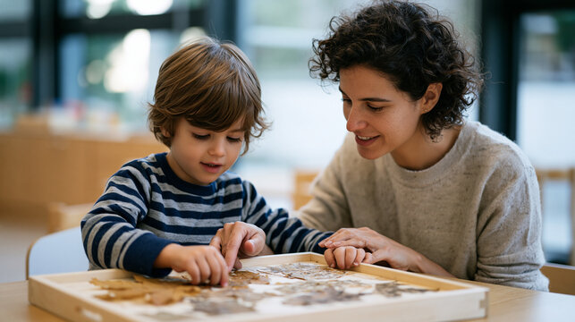 Brazilian occupational therapist in a pediatric clinic helping a nonverbal child place textured autumn leaves into a sorting board, sensory integration session, child
