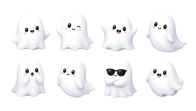 Cute Cartoon White Ghost Characters Illustration isolated on white