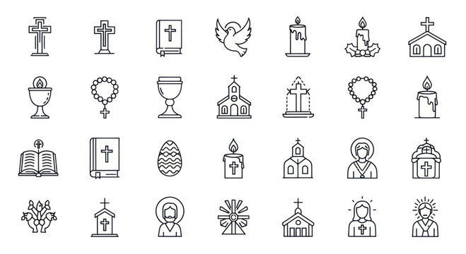 Collection of religious symbols and Christian icons in a minimalist line art style.