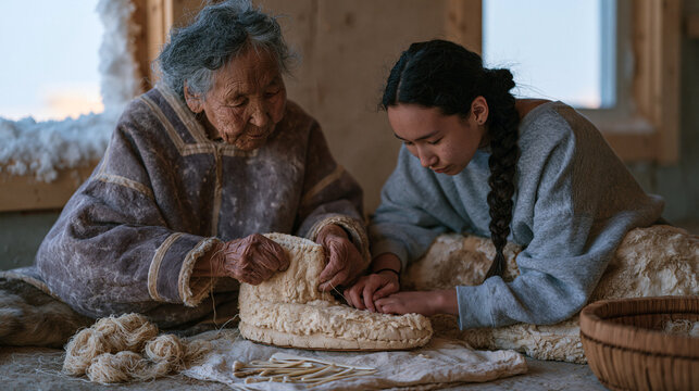 Inuit elder woman teaches teenage granddaughter traditional sealskin boot stitching on kitchen floor, sinew thread and bone needles spread on cloth beside them, domestic interior