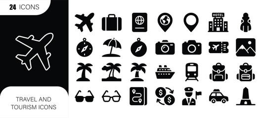 Fototapeta premium Travel and tourism vector icon set for vacation planning. Flat design line art symbols for hotels, flights, and attractions.