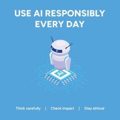 A modern isometric robot character stands above a glowing digital computer chip representing artificial intelligence with clean blue vector styling © Design