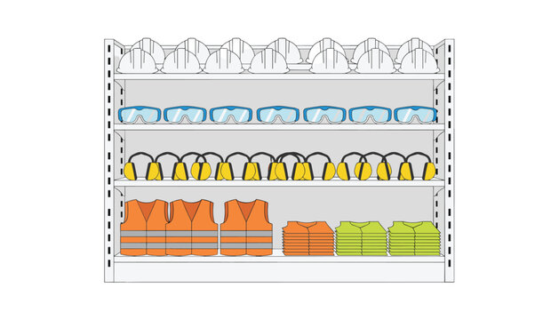Industrial storage shelving unit holds rows of white hard hats and blue safety goggles with yellow ear defenders and high visibility vests.