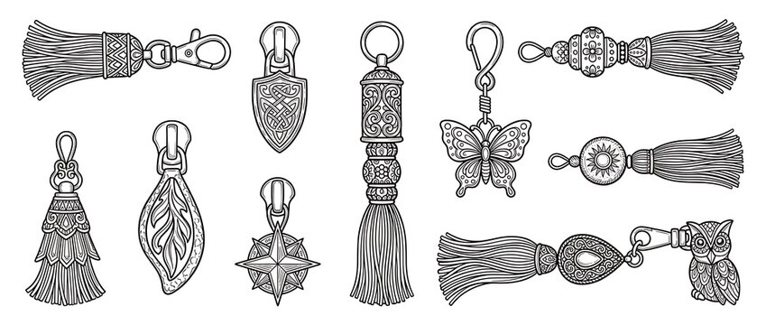 Decorative key fob vector set with tassels and charms