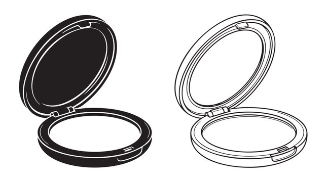 black silhouette with line art vector icon of an open compact mirror