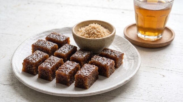 Traditional Indonesian wajik ketan, a sweet sticky rice cake made with palm sugar, served on a ceramic plate with grated coconut topping and a glass of warm tea.